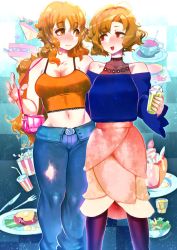 Rule 34 | 2girls, bad id, bad twitter id, bag, belt buckle, black legwear, blonde hair, blush, breasts, buckle, burger, cleavage, closed mouth, cup, cutlery, denim, disposable cup, dress, drink, earrings, food, hakkasame, hamburger steak, highres, jeans, jewelry, long hair, long skirt, looking at another, messy hair, multiple girls, open mouth, original, pants, pantyhose, popcorn, pudding, red eyes, salad, sandwich, short hair, skirt, smile, strapless, strapless dress, tank top, torn clothes, twitter username, yellow eyes, yuri