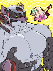 Rule 34 | 1boy, 1girl, abs, bahamut (bahamunoaka9), character request, chest tuft, chibi, chibi inset, furry, furry male, happy, highres, huge pectorals, mask, smile, sparse navel hair, standing, strongman waist, three quarter view, tokyo houkago summoners, upper body