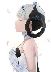 Rule 34 | 1girl, absurdres, animal ears, bambinata: vitrum (punishing: gray raven), bambinata (punishing: gray raven), bare shoulders, black hair, cat ears, closed eyes, doll joints, dress, fake animal ears, falling petals, from side, hair ornament, heart, heart hair ornament, highres, joints, mechanical arms, multicolored hair, open mouth, petals, punishing: gray raven, rose petals, twintails, two-tone hair, white dress, white hair, xue hua da ren