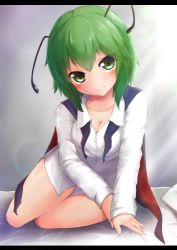 Rule 34 | 1girl, absurdres, antennae, arm support, bare legs, biburu, blush, breasts, cape, cleavage, collarbone, come hither, dress shirt, gradient background, green eyes, green hair, head tilt, highres, letterboxed, light smile, long sleeves, looking at viewer, naughty face, on bed, pillow, shirt, short hair, sitting, small breasts, solo, touhou, wriggle nightbug, yokozuwari
