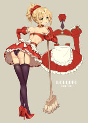 Rule 34 | 1girl, alternate costume, artist name, back, bare shoulders, black panties, black thighhighs, blonde hair, bow, bra, broom, character name, crossed legs, detached collar, detached sleeves, enmaided, fate/apocrypha, fate/grand order, fate (series), from behind, full body, garter straps, green eyes, grey background, hand on own hip, high heels, highres, leaning forward, leaning on object, looking back, lucidsky, maid, medium hair, mordred (fate), mordred (fate/apocrypha), necktie, panties, parted bangs, ponytail, red bra, red scrunchie, red skirt, scrunchie, simple background, skindentation, skirt, smile, solo, standing, strapless, strapless bra, thighhighs, tube top, underwear, white bow