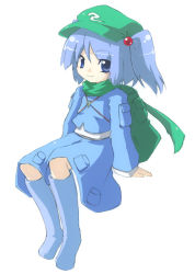 Rule 34 | 1girl, backpack, bag, blue eyes, blue footwear, blue hair, boots, female focus, full body, green scarf, hair bobbles, hair ornament, kawashiro nitori, knee boots, looking at viewer, matching hair/eyes, oka (bananashoe), scarf, simple background, sitting, smile, solo, touhou, two side up, white background