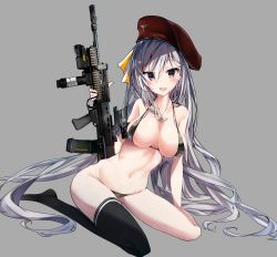 Rule 34 | 1girl, :d, assault rifle, bare arms, bare shoulders, beret, bikini, black thighhighs, blush, breasts, bullpup, camouflage, camouflage bikini, carbine, cleavage, collarbone, commentary request, fang, full body, grey background, gun, hair between eyes, hair ribbon, harenchi, hat, highres, holding, holding gun, holding weapon, jewelry, l85, large breasts, long hair, looking at viewer, machine gun, navel, necklace, no shoes, open mouth, original, purple eyes, red hat, ribbon, rifle, sa80, silver hair, simple background, sitting, smile, solo, squad automatic weapon, striped ribbon, swimsuit, thighhighs, very long hair, weapon, yellow ribbon