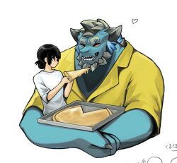 Rule 34 | 1boy, 1girl, bara, beard, black hair, blue fur, character request, cropped torso, curly eyebrows, facial hair, feeding, food, furry, furry male, g029off, happy, heart, hetero, holding, holding food, holding pizza, jacket, pectorals, pizza, protagonist 2 (housamo), short hair, simple background, size difference, smile, thick beard, tokyo houkago summoners