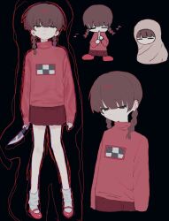 Rule 34 | 1girl, black background, brown hair, chibi, covering with blanket, expressionless, flute, highres, holding, holding knife, instrument, knife, looking at viewer, madotsuki, multiple views, musical note, nial, pink sweater, recorder, red skirt, sketch, skirt, sweater, twintails, yume nikki