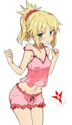 Rule 34 | 1girl, alternate costume, blush, breasts, clenched hand, clothing request, command spell, fate/grand order, fate (series), green eyes, groin, hair ornament, hair scrunchie, highres, itamochi, looking at viewer, midriff, mordred (fate), mordred (fate/apocrypha), navel, polka dot, ponytail, red scrunchie, scrunchie, small breasts, solo, strap slip, v-shaped eyebrows, white background