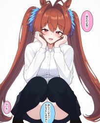 1girl animal_ears asaraku black_thighhighs brown_hair commentary_request daiwa_scarlet_(umamusume) horse_ears horse_girl long_hair red_eyes shirt sitting solo speech_bubble speech_bubble_censor thighhighs translation_request twintails umamusume white_shirt