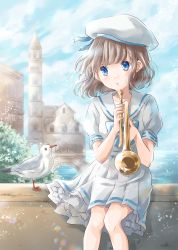 Rule 34 | 1girl, :o, absurdres, architecture, arms up, bird, blue bow, blue eyes, blue neckwear, blue sky, blurry, bow, bridge, cloud, collarbone, commentary request, day, depth of field, dress, feet out of frame, hair blowing, hat, highres, holding, holding instrument, hoshiibara mato, instrument, knees together feet apart, legs together, lens flare, light brown hair, looking at viewer, original, outdoors, petticoat, pleated skirt, sailor collar, sailor dress, sailor hat, seagull, sitting, skirt, sky, solo, tower, trumpet, white dress, white sailor collar, wind, wind lift