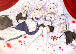 Rule 34 | 4girls, absurdres, apron, ass, azur lane, bare shoulders, belfast (azur lane), black hairband, black legwear, blue eyes, blush, braid, breasts, chain, cleavage, collar, collarbone, corset, dido (azur lane), dress, french braid, frills, gloves, hair between eyes, hairband, hermione (azur lane), highres, huge filesize, konno ao, large breasts, licking, licking finger, long hair, looking at viewer, lying, maid, maid apron, maid headdress, multiple girls, on back, on side, on stomach, open mouth, pantyhose, red eyes, short hair, short sleeves, single braid, sirius (azur lane), sleeveless, smile, thighhighs, thighs, twin braids, very long hair, white dress, white gloves, white hair, white legwear