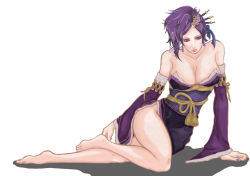 Rule 34 | 1girl, bare legs, bare shoulders, barefoot, breasts, chi-ve, cleavage, detached sleeves, dress, feet, female focus, full body, hair ornament, hair up, japanese clothes, large breasts, legs, long hair, lying, mole, nail polish, nouhime, purple eyes, purple hair, sengoku musou, sengoku musou 3, side slit, solo, strapless, strapless dress, toes, white background