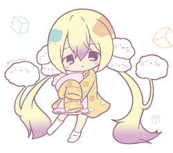 Rule 34 | 1girl, :d, absurdly long hair, animal print, blonde hair, blush, chibi, closed mouth, cloud, cloud print, commentary request, full body, gradient hair, hair between eyes, long hair, long sleeves, looking at viewer, mahou shoujo ikusei keikaku, multicolored hair, nemurin, hugging object, open mouth, pajamas, pillow, pillow hug, print pajamas, print shirt, purple eyes, purple hair, rabbit print, ri-net, shirt, simple background, sleeves past fingers, sleeves past wrists, smile, socks, solo, standing, standing on one leg, twintails, twitter username, very long hair, white background, white socks, yellow pajamas, yellow shirt
