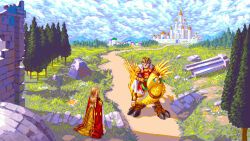 Rule 34 | 1boy, 1girl, allan dias, armor, blonde hair, brown hair, cape, castle, chocobo, cloud, delita heiral, dress, final fantasy, final fantasy tactics, forest, highres, holding, holding reins, long hair, nature, orange eyes, outdoors, ovelia atkascha, path, pixel art, red cape, reins, riding, road, ruins, sky, tree, white cape, white dress