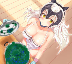 Rule 34 | 1girl, animal ears, apron, bad food, bare arms, bare shoulders, black hairband, black neckwear, blonde hair, blush, breasts, censored, censored food, cleavage, collarbone, covered erect nipples, day, embarrassed, fake animal ears, fate/grand order, fate (series), from above, frown, hairband, headphones, headpiece, highres, holding, indoors, jeanne d&#039;arc (fate), jeanne d&#039;arc alter (avenger) (fate), jeanne d&#039;arc alter (fate), large breasts, long hair, looking at viewer, looking up, mosaic censoring, naked apron, nekoda (maoda), oven mitts, polka dot, pot, raised eyebrows, revision, shiny skin, solo, standing, sunlight, sword, table, thighs, weapon, white apron, wooden sword, yellow eyes