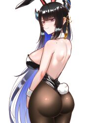 Rule 34 | 1girl, animal ears, ass, back, bare shoulders, black hair, breasts, cipher4109, colored inner hair, commentary, cowboy shot, english commentary, from behind, glaring, hair ornament, highres, hololive, hololive english, large breasts, leotard, long hair, looking at viewer, looking back, mole, mole on shoulder, mole under eye, multicolored hair, nerissa ravencroft, pantyhose, playboy bunny, rabbit ears, rabbit tail, sideboob, simple background, solo, tail, very long hair, virtual youtuber, white background