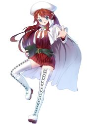Rule 34 | 1girl, aty, aty (summon night), belt, belt skirt, beret, blue eyes, blush, book, boots, breasts, hat, highres, long hair, miniskirt, open mouth, outstretched arm, red hair, sakimori dan, skirt, solo, summon night, summon night 3, thigh boots, thighhighs, turtleneck, white footwear