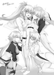 Rule 34 | 1boy, 2girls, absurdres, ahoge, bad id, bad twitter id, belt, bikini, black bikini, black gloves, breasts, coat, competition swimsuit, fate/grand order, fate (series), fujimaru ritsuka (male), glasses, gloves, greyscale, highres, jeanne d&#039;arc alter (swimsuit berserker) (fate), jeanne d&#039;arc (fate), jeanne d&#039;arc (swimsuit archer) (fate), jeanne d&#039;arc (swimsuit archer) (second ascension) (fate), jeanne d&#039;arc alter (fate), jeanne d&#039;arc alter (swimsuit berserker) (fate), leg belt, licking, long hair, looking at viewer, mobu, monochrome, multiple girls, one-piece swimsuit, open mouth, oral, penis, ponytail, simple background, smile, swimsuit, thighhighs, white background