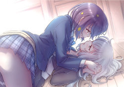 Rule 34 | 2girls, all fours, black dress, black hair, black legwear, blazer, blue eyes, blue jacket, blue skirt, blush, dress, eye contact, face-to-face, girl on top, imminent kiss, jacket, konno junko, long hair, looking at another, lying, lying on person, mizuno ai, multiple girls, on back, open mouth, out-of-frame censoring, pantyhose, plaid, plaid skirt, school uniform, short hair, silver hair, skirt, studiozombie, sweater, tears, yuri, zombie land saga
