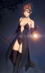 Rule 34 | 1girl, alexandria (xenoblade), artist name, bare shoulders, black choker, black footwear, black gloves, black leotard, black thighhighs, boots, breasts, broom, brown hair, choker, cleavage, closed mouth, collarbone, covered navel, elbow gloves, forehead protector, gloves, green eyes, groin, halloween costume, highres, holding, holding broom, holding lantern, horns, knee boots, lantern, lens flare, leotard, lips, looking at viewer, medium breasts, miura-n315, night, outdoors, photoshop (medium), red lips, short hair, smile, solo, strapless, strapless leotard, thighhighs, xenoblade chronicles (series), xenoblade chronicles 3