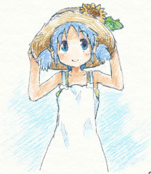 Rule 34 | 1girl, bad id, bad pixiv id, bare shoulders, blue eyes, blue hair, blush, flower, hair ornament, hands on headwear, hat, matching hair/eyes, naganohara mio, nichijou, nomuo (shiromi), shiromi-12, short hair, short twintails, smile, solo, straw hat, twintails
