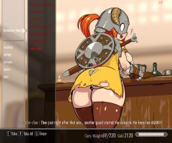Rule 34 | 1girl, :d, absurdres, ass, bar (place), beer mug, bikini, boots, bottle, breasts, brown footwear, brown gloves, candle, cape, cup, dovahkiin, dovakini-chan, fake horns, gameplay mechanics, gauntlets, gloves, helmet, highres, horned helmet, horns, indoors, large breasts, long hair, mug, nisetanaka, open mouth, orange hair, ponytail, sheath, sheathed, shield, smile, solo, string bikini, swimsuit, sword, the elder scrolls, the elder scrolls v: skyrim, thigh boots, torn cape, torn clothes, weapon, white bikini, wine bottle, yellow cape