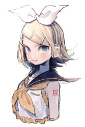 Rule 34 | 1girl, arms at sides, bare arms, bare shoulders, blonde hair, blue eyes, clothes lift, expressionless, floating hair, frilled shirt collar, frills, hair ornament, hairclip, headset, highres, kagamine rin, kouhara yuyu, looking at viewer, number tattoo, ribbon, ribbon hair, sailor collar, shirt, short hair, shoulder tattoo, simple background, sleeveless, sleeveless shirt, solo, tattoo, upper body, vocaloid, white background, white ribbon, white shirt, yellow ribbon