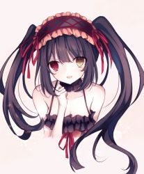 Rule 34 | 1girl, bare arms, bare shoulders, black hair, black neckwear, breasts, choker, collarbone, commentary request, date a live, face, hairband, heterochromia, kurimu mashiro, lolita fashion, lolita hairband, long hair, looking at viewer, medium breasts, red eyes, red ribbon, ribbon, simple background, smile, solo, tokisaki kurumi, twintails, white background, yellow eyes