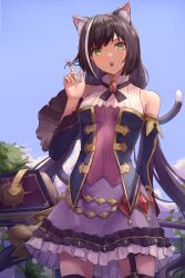 Rule 34 | 1girl, absurdres, animal ear fluff, animal ears, bare shoulders, black hair, blue sky, blue sleeves, blush, book, cat ears, cat tail, commentary, detached sleeves, frilled skirt, frills, green eyes, twirling hair, highres, ito t20a, karyl (princess connect!), looking at viewer, low twintails, multicolored hair, open mouth, princess connect!, purple skirt, skirt, sky, solo, streaked hair, tail, twintails