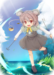 Rule 34 | 1girl, aircraft, airship, animal ears, bar censor, basket, blue sky, capelet, censored, cloud, day, disney, dowsing rod, female focus, gem, grass, grey hair, highres, identity censor, jewelry, mickey mouse, mouse ears, mouse tail, nazrin, necktie, niiya, open mouth, outdoors, palanquin ship, pendant, red eyes, shirt, short hair, skirt, skirt set, sky, smile, solo, tail, touhou, water