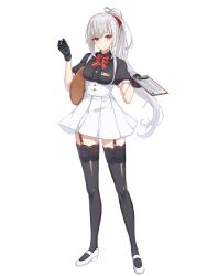 Rule 34 | 1girl, alternate hair color, badge, bill (object), black gloves, black shirt, black thighhighs, bow, bowtie, breasts, carrying, carrying under arm, center frills, clenched hand, clipboard, closed mouth, closers, collared shirt, eunha (closers), frills, full body, garter straps, gloves, green eyes, hair bow, hands up, high-waist skirt, highres, holding, holding clipboard, holding tray, lace, lace-trimmed thighhighs, legs apart, long hair, looking at viewer, mary janes, medium breasts, miniskirt, official art, pleated skirt, ponytail, puffy short sleeves, puffy sleeves, red bow, red bowtie, shirt, shoes, short sleeves, sidelocks, skirt, smile, solo, standing, suspender skirt, suspenders, tachi-e, thighhighs, tray, underbust, very long hair, waitress, white background, white footwear, white hair, white skirt, won sign, zettai ryouiki