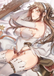 Rule 34 | 1girl, blurry, blush, bolt action, boots, breasts, bright pupils, brown hair, commentary, covered navel, depth of field, elbow gloves, english commentary, eyebrows hidden by hair, from side, girls&#039; frontline, gloves, gun, hair bun, hairband, high heel boots, high heels, highres, hyury, large breasts, lee-enfield, lee-enfield (girls&#039; frontline), long hair, lying, on side, parted lips, rifle, sidelocks, single hair bun, solo, thigh boots, thigh strap, thighhighs, thighs, weapon, white footwear, white gloves, white thighhighs, wide hips