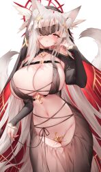 Rule 34 | 1girl, animal ears, black dress, blush, breasts, center opening, cleavage, clothing cutout, collarbone, dress, eyepatch, fox ears, fox tail, gold trim, grey hair, hair ornament, halo, highres, large breasts, long hair, long sleeves, looking at viewer, maebari, navel, original, red eyes, revealing clothes, shoulder cutout, solo, sora 72-iro, tail, veil
