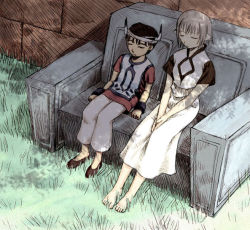 Rule 34 | 1boy, 1girl, barefoot, between legs, black hair, brick wall, brown footwear, couch, dress, closed eyes, from above, grass, hand between legs, headband, horns, ico, ico (character), own hands together, pants, shade, shoes, short hair, short sleeves, silver hair, sitting, sleeping, sleepy, surcoat, tabard, tree shade, v arms, wrist cuffs, yorda