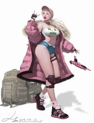 Rule 34 | 1girl, bag, blonde hair, blue eyes, breasts, clothes writing, collar, dated, gun, highres, jmyi, lips, lipstick, long hair, makeup, mole, mole under eye, navel, open mouth, original, ponytail, shoes, short shorts, shorts, simple background, sneakers, socks, solo, strapless, tagme, tube top, weapon
