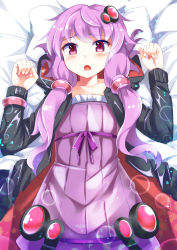 Rule 34 | 1girl, bed, blush, d:, dress, e.o., hair ornament, hairclip, hood, hooded jacket, jacket, long hair, long sleeves, looking at viewer, lying, nervous, on back, open mouth, pillow, purple eyes, purple hair, solo, vocaloid, voiceroid, yuzuki yukari