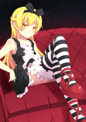 Rule 34 | 1girl, blonde hair, blush, bow, couch, crossed legs, dress, fang, fang out, hair bow, hairband, kouji (campus life), long hair, long legs, looking at viewer, md5 mismatch, monogatari (series), oshino shinobu, pointy ears, red footwear, shoes, sitting, smile, solo, striped clothes, striped thighhighs, thighhighs, yellow eyes