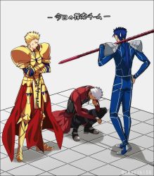 Rule 34 | 3boys, akujiki59, anger vein, annoyed, archer (fate), armor, blonde hair, blue hair, crossed arms, cu chulainn (fate), earrings, closed eyes, fate/grand order, fate (series), full body, gae bolg (fate), gilgamesh (fate), holding, holding weapon, jewelry, cu chulainn (fate/stay night), looking at another, male focus, multiple boys, ponytail, shoulder armor, squatting, sweatdrop, twitter username, weapon, white hair