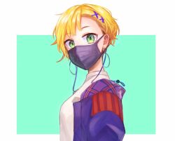 Rule 34 | 1girl, blonde hair, breasts, commentary request, earrings, from side, green eyes, hair ornament, hoop earrings, jacket, jewelry, large breasts, looking at viewer, mask, mouth mask, original, purple jacket, short hair, solo, sonoda (mzm), underwear, x hair ornament