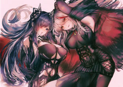 Rule 34 | 2girls, absurdly long hair, aegir (azur lane), apraxia, august von parseval (azur lane), azur lane, bare shoulders, black cape, black legwear, black skirt, bodystocking, breast curtains, breasts, cape, clothing cutout, cross, cross-laced clothes, curled horns, demon horns, finger to mouth, horns, iron cross, large breasts, long hair, looking at viewer, mechanical horns, multicolored hair, multiple girls, purple eyes, purple hair, red hair, simple background, skirt, streaked hair, thighhighs, two-tone hair, underboob cutout, underbust, very long hair, white hair, yellow eyes