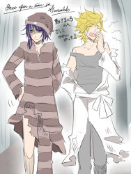 Rule 34 | 10s, 2boys, blonde hair, blue eyes, brothers, english text, frown, gender request, genderswap, gothic lolita, hand on own hip, hip focus, jacket, lolita fashion, messy hair, multicolored hair, multiple boys, off shoulder, open mouth, pajamas, panty &amp; stocking with garterbelt, panty (psg), pink hair, purple hair, short hair, siblings, stocking (psg), torn clothes, yawning