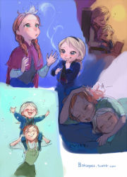 Rule 34 | 2girls, ^ ^, a-ka, aged down, anna (frozen), braid, closed eyes, elsa (frozen), frozen (disney), half-closed eyes, leaning on person, messy hair, multiple girls, multiple views, siblings, sisters, snowing, time paradox, twin braids, under covers, watermark, web address