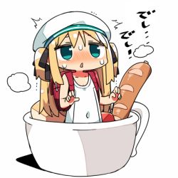 Rule 34 | 1girl, backpack, bag, bare arms, bare shoulders, blonde hair, blush, borrowed character, covered navel, cup, food, green eyes, hair ribbon, hat, in container, in cup, in food, kanikama, long hair, lowres, mini person, minigirl, one-piece swimsuit, original, pun, randoseru, ribbon, school swimsuit, shimotsuki potofu, sweatdrop, swimsuit, triangle mouth, twintails, two side up, white hat, white one-piece swimsuit