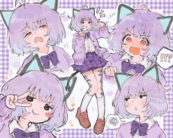 Rule 34 | !?, 1girl, :o, ahoge, blush, blush stickers, closed mouth, collared shirt, commentary, electric plug, electric plug tail, english commentary, hand up, highres, indie virtual youtuber, long sleeves, momoka exe, mooosikasite, notice lines, open mouth, paw pose, purple hair, purple skirt, red eyes, shirt, short hair, skirt, smile, socks, spoken interrobang, spoken squiggle, squiggle, tail, v, v-shaped eyebrows, virtual youtuber, white shirt