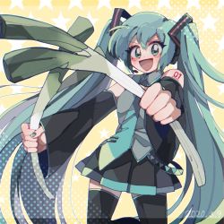 Rule 34 | 1girl, aqua eyes, aqua hair, aqua nails, aqua necktie, black skirt, black thighhighs, cowboy shot, dated, detached sleeves, food, grey shirt, hatsune miku, headset, highres, holding, holding food, holding spring onion, holding vegetable, long hair, looking at viewer, microphone, nail polish, necktie, open mouth, pleated skirt, shirt, skirt, sleeveless, sleeveless shirt, smile, solo, spring onion, star (sky), suzurann713, thighhighs, twintails, vegetable, very long hair, vocaloid