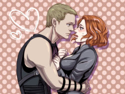 Rule 34 | 1boy, 1girl, animification, avengers (series), black widow, blush, bodysuit, boots, bow (weapon), breasts, brown hair, cleavage, clint barton, fingerless gloves, from side, gloves, hawkeye (marvel), heart, hetero, marvel, natasha romanoff, red hair, short hair, vivienne9westwood, weapon
