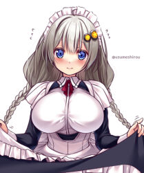 Rule 34 | 1girl, alternate costume, apron, black dress, blue eyes, braid, breasts, clothes lift, collared dress, dress, dress lift, enmaided, flying sweatdrops, frilled apron, frilled dress, frills, grey hair, hair between eyes, hair ornament, kizuna akari, large breasts, long hair, long sleeves, low twintails, maid, maid headdress, out-of-frame censoring, shirt, simple background, solo, star (symbol), twin braids, twintails, twitter username, usume shirou, very long hair, voiceroid, white apron, white background, white shirt