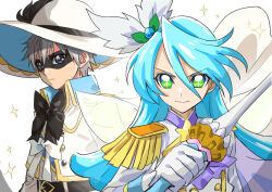 Rule 34 | 2boys, absurdres, belt, black bow, black pepper (precure), blue eyes, blue hair, bow, cape, cure waffle, delicious party precure, domino mask, epaulettes, green eyes, grey hair, hair ornament, hat feather, high collar, highres, holding, holding wand, kirakira precure a la mode, long hair, magical boy, male focus, mask, multiple boys, pikario (precure), precure, shinada takumi, smile, tsukikage oyama, wand, white bow, white headwear
