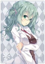 Rule 34 | 1girl, ahoge, akishisu (air balance), aqua hair, arm under breasts, beads, black-framed eyewear, breast hold, breasts, brown vest, checkered background, coat, commentary, eyelashes, from side, glasses, grabbing own arm, green eyes, grey background, hair beads, hair between eyes, hair ornament, lab coat, large breasts, light blush, long hair, long sleeves, looking at viewer, necktie, nose, one side up, open clothes, open coat, parted lips, red necktie, riddle joker, school uniform, shikibe mayu, simple background, solo, upper body, vest, wavy hair