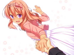 Rule 34 | 1girl, blush, bow, disembodied hand, dress, fang, hair bow, hairband, highres, holding hands, izumi (racer), long hair, looking at viewer, lyricbox, open mouth, original, pink hair, pov, purple eyes, racer (magnet), renai gokko, smile, solo focus, tan