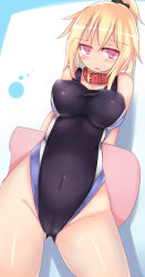 Rule 34 | 1girl, blonde hair, blush, cameltoe, collar, competition swimsuit, covered navel, gluteal fold, highres, kickboard, kubiwa (kutan), kutan, long hair, one-piece swimsuit, original, ponytail, red eyes, solo, swimsuit, thighs, wide hips