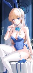 Rule 34 | 1girl, absurdres, animal ears, bare shoulders, blonde hair, blue archive, blue eyes, blue leotard, bow, bowtie, breasts, detached collar, fake animal ears, halo, highres, leotard, long hair, looking at viewer, medium breasts, miruku pan, official alternate costume, parted lips, playboy bunny, rabbit ears, solo, strapless, strapless leotard, thighhighs, toki (blue archive), toki (bunny) (blue archive), v, very long hair, white thighhighs, wrist cuffs